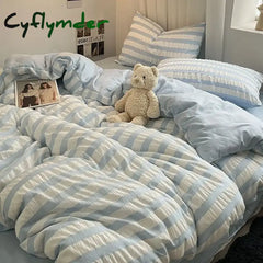 Cyflymder INS Blue White Stripe Seersucker Duvet Cover Bed Sheet Pillowcases NO Filler Princess Bedding Set Girls Home