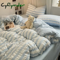 Cyflymder INS Blue White Stripe Seersucker Duvet Cover Bed Sheet Pillowcases NO Filler Princess Bedding Set Girls Home
