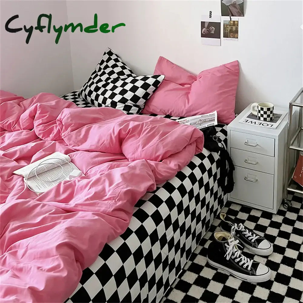 INS Checkerboard Bedding Comforter Set with Pillowcase Bed Sheet Single Full Size Plaid Bed Linen Girls Purple Duvet Cover