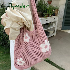 Cyflymder Ins Fashion Sweet Flower Knitted Hollow Tote Bag Large Capacity Shopping Ladies Simple