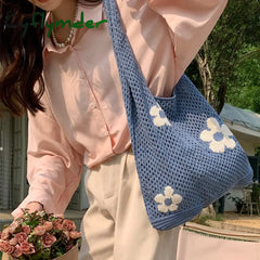 Cyflymder Ins Fashion Sweet Flower Knitted Hollow Tote Bag Large Capacity Shopping Ladies Simple