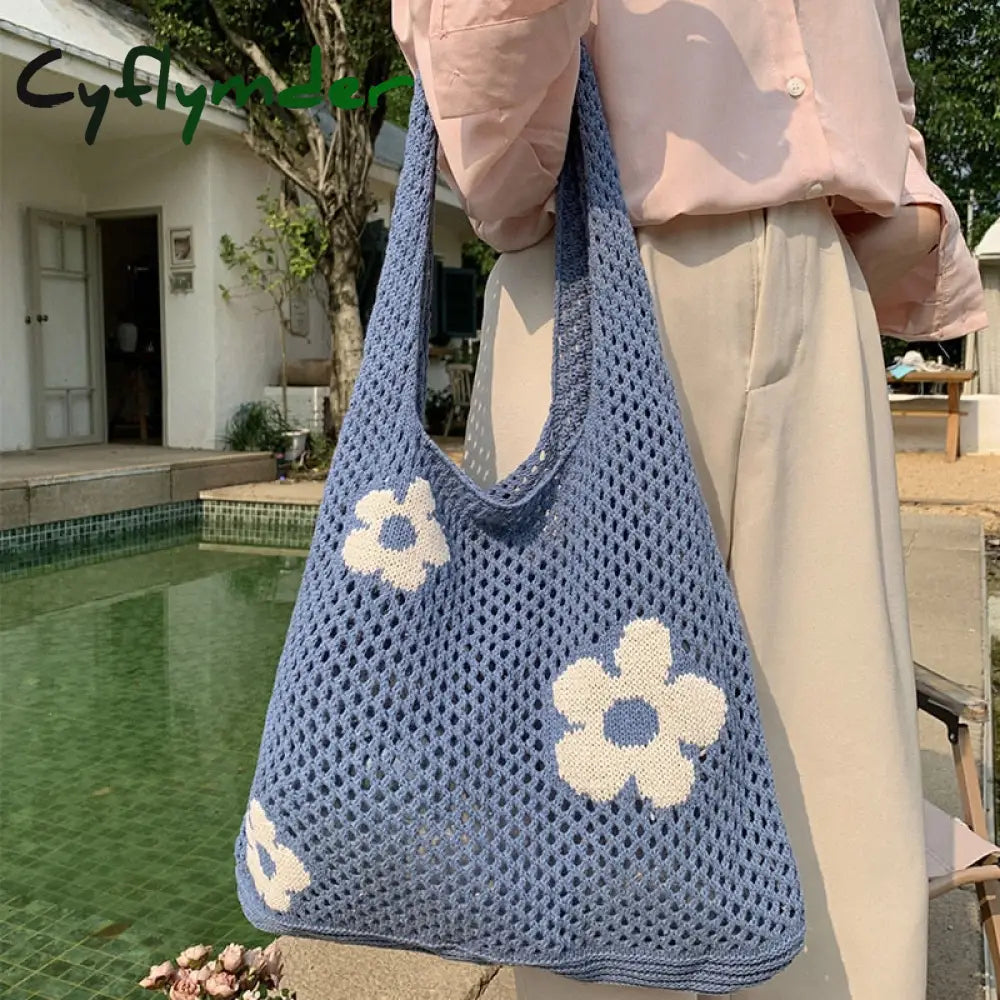 Cyflymder Ins Fashion Sweet Flower Knitted Hollow Tote Bag Large Capacity Shopping Ladies Simple