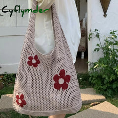 Cyflymder Ins Fashion Sweet Flower Knitted Hollow Tote Bag Large Capacity Shopping Ladies Simple