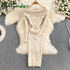 Cyflymder Ins Fashion Women Christmas Red Party Dress High Waist Off Shoulders Long Sleeve Front Split Knitted Dress