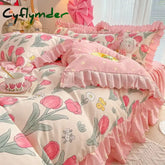 INS Pink Flower Bedding Set Princess Lace Duvet Cover with Flat Sheet And Pillowcase Soft Home Textiles For Girls Gift Bedlinen