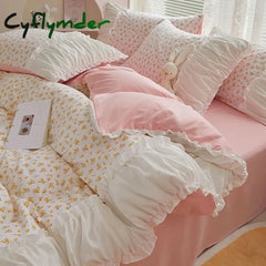 Cyflymder INS Princess Style Flower Bedding Set Duvet Cover With Ruffle Lace Bed Sheet Pillowcases Kawaii Girl Woman
