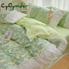 Cyflymder INS Princess Style Flower Bedding Set Duvet Cover With Ruffle Lace Bed Sheet Pillowcases Kawaii Girl Woman