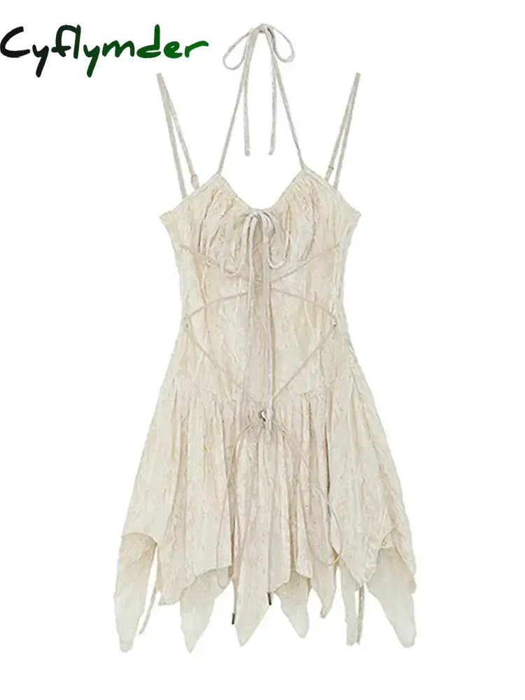 Irregular V-neck Women Slim Suspender One-piece 2024 Summer A-line Tie Up Gothic Y2K Pleated Female Dress Bandage Design Chic