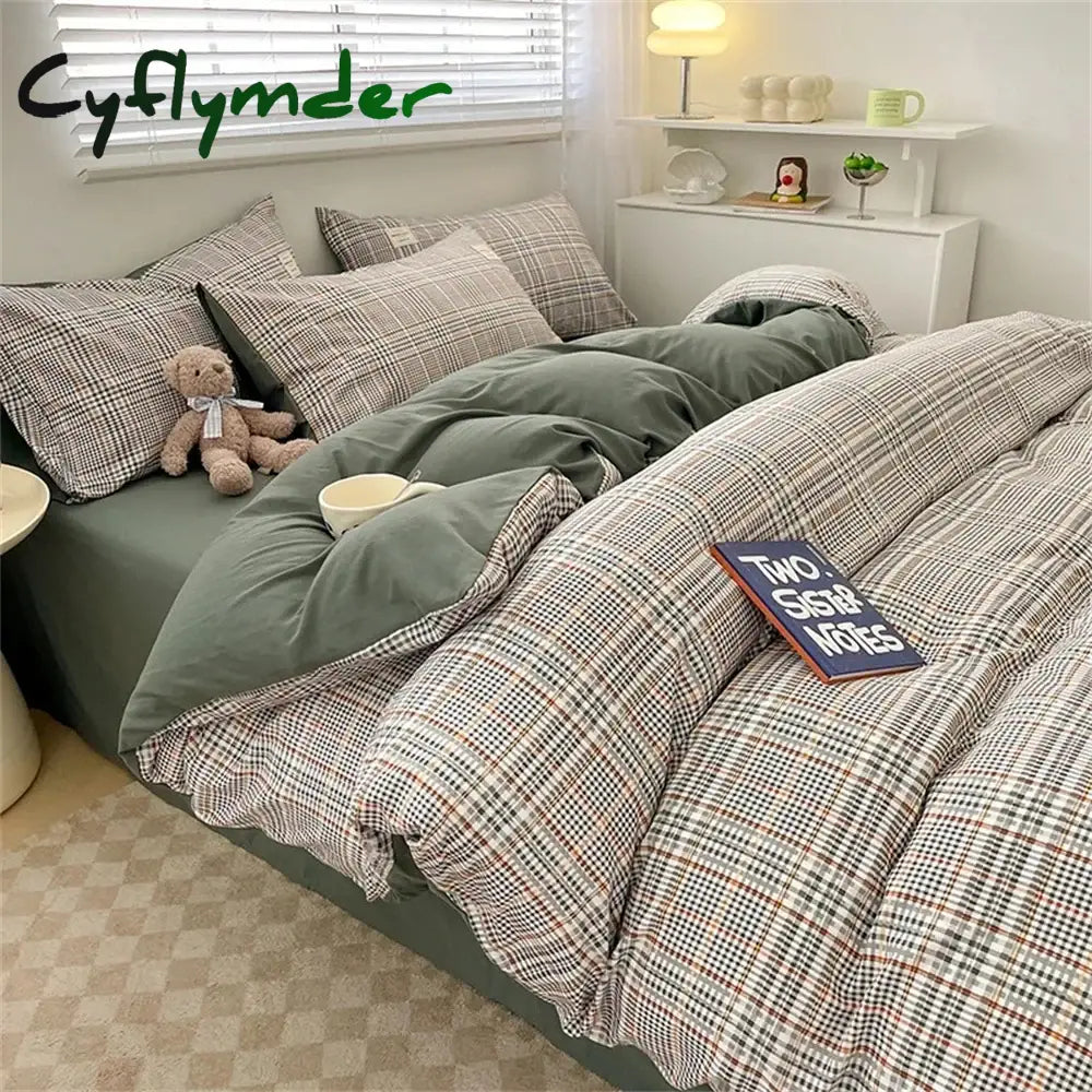Japan Style Bedding Set Plaid Queen Size Duvet Cover Set With Sheets Bedroom Decor Skin Friendly King Single Double Bedding Sets
