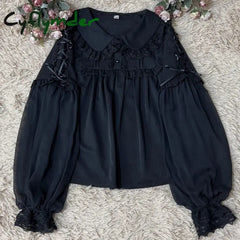 Cyflymder Japan Style Sweets Lolita Blouse Women Kawaii Lace Peter Pan Collar JK Shirts Girls Chic Long Lantern Sleeve
