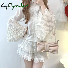 Cyflymder Japanese Gothic Lolita Style Shirts Women Victorian Vintage Lace Bow Long Sleeves Blouse Female Elegant