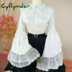 Cyflymder Japanese Gothic Lolita Style Shirts Women Vintage Elegant Lace Embroidery Ruffles Collar Slim Tops Victorian