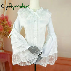 Cyflymder Japanese Gothic Lolita Style Shirts Women Vintage Elegant Lace Embroidery Ruffles Collar Slim Tops Victorian