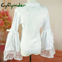 Cyflymder Japanese Gothic Lolita Style Shirts Women Vintage Elegant Lace Embroidery Ruffles Collar Slim Tops Victorian