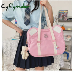 Cyflymder Japanese Ins Harajuku Bear Ear School Clutch Bag Kawaii Lolita Canvas Handbag College