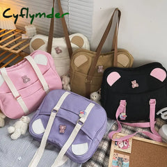 Cyflymder Japanese Ins Harajuku Bear Ear School Clutch Bag Kawaii Lolita Canvas Handbag College