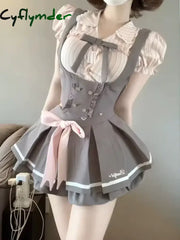 Cyflymder Japanese Kawaii Lolita 3 Piece Set Women Preppy Slim Striped Blouse + French Retro Vest + Sweet Cute Bow