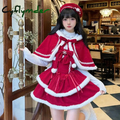 Cyflymder Japanese Kawaii Lolita Dress Sets Women Hooded Shawl Short Jackets Bow Mini Skirt Korean Style Sweet Red