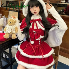 Cyflymder Japanese Kawaii Lolita Dress Sets Women Hooded Shawl Short Jackets Bow Mini Skirt Korean Style Sweet Red