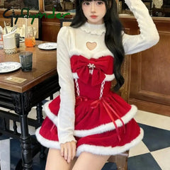 Cyflymder Japanese Kawaii Lolita Dress Sets Women Hooded Shawl Short Jackets Bow Mini Skirt Korean Style Sweet Red