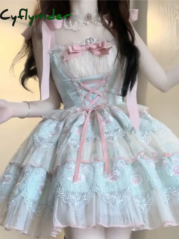 Cyflymder Japanese Kawaii Lolita Sweet Mini Dress Women Vintage Elegant Chic Bow Dress Female Lace Slim One Piece Dress