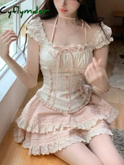 Cyflymder Japanese Kawaii Sweet Elegant New 2 Piece Set Women Lace Up Vintage Kawaii Set Female Y2k Princess Mini Skirt