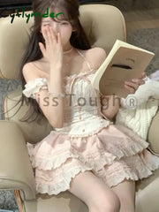 Cyflymder Japanese Kawaii Sweet Elegant New 2 Piece Set Women Lace Up Vintage Kawaii Set Female Y2k Princess Mini Skirt