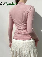 Cyflymder summer inspo Japanese Kawaii Sweet Pink Knitted Ribbed Tee Contrast Lace Tie Bow Square Collar Long Sleeve