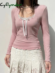 Cyflymder summer inspo Japanese Kawaii Sweet Pink Knitted Ribbed Tee Contrast Lace Tie Bow Square Collar Long Sleeve