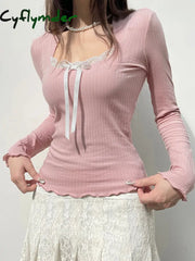 Cyflymder summer inspo Japanese Kawaii Sweet Pink Knitted Ribbed Tee Contrast Lace Tie Bow Square Collar Long Sleeve