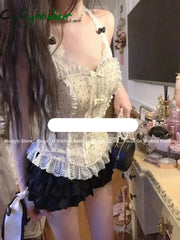 Cyflymder Japanese Lolita 2 Piece Set Women Kawaii Bow Lace Y2k Crop Tops Cute Ruffles Elastic Shorts Summer Sweet