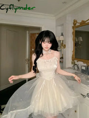 Cyflymder Japanese Lolita Kawaii 2 Piece Set Women Sweet Y2K Lace Chiffon Dress Suit Female Gauze Cardigan + Suspender