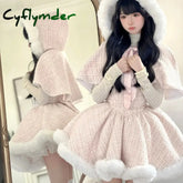 Japanese Style Elegant Tweed Plaid Dress Sets Women Plush Hooded Shawl Short Jackets Mini Skirts Kawaii Christmas New Year Suit