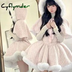 Japanese Style Elegant Tweed Plaid Dress Sets Women Plush Hooded Shawl Short Jackets Mini Skirts Kawaii Christmas New Year Suit