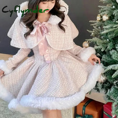Cyflymder Japanese Style Elegant Tweed Plaid Dress Sets Women Plush Hooded Shawl Short Jackets Mini Skirts Kawaii