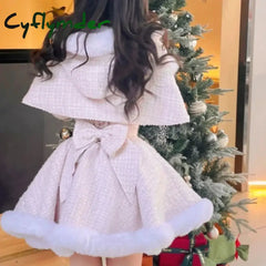 Cyflymder Japanese Style Elegant Tweed Plaid Dress Sets Women Plush Hooded Shawl Short Jackets Mini Skirts Kawaii