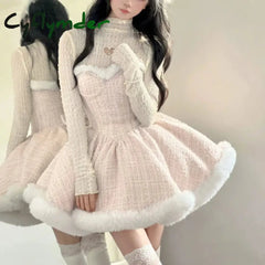 Cyflymder Japanese Style Elegant Tweed Plaid Dress Sets Women Plush Hooded Shawl Short Jackets Mini Skirts Kawaii