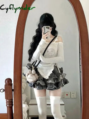 Cyflymder Japanese Style Knit Suits Kawaii Clothing 2 Piece Skirts Set Women Vintage Print Y2K Crop