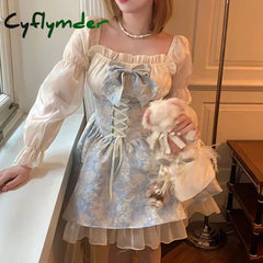 Cyflymder Japanese Style Lolita Princess Dress Women Party Y2k Bandage Blue Cosplay Costumes Puff Sleeve Ribbon Bowknot