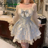 Cyflymder Japanese Style Lolita Princess Dress Women Party Y2k Bandage Blue Cosplay Costumes Puff Sleeve Ribbon Bowknot