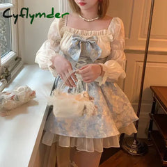 Cyflymder Japanese Style Lolita Princess Dress Women Party Y2k Bandage Blue Cosplay Costumes Puff Sleeve Ribbon Bowknot