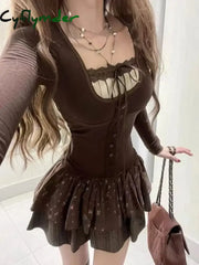 Cyflymder Japanese Sweet Lace Up Patchwork Sexy Sets Bow Long Sleeved T-shirt Women + Floral Printed Casual Cake Skirt