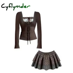 Cyflymder Japanese Sweet Lace Up Patchwork Sexy Sets Bow Long Sleeved T-shirt Women + Floral Printed Casual Cake Skirt