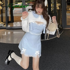 Cyflymder Japanese Sweet Lolita Dress Lace Women Bow Pink Kawaii Party Mini Dresses Female Blue Princess Korean Fashion