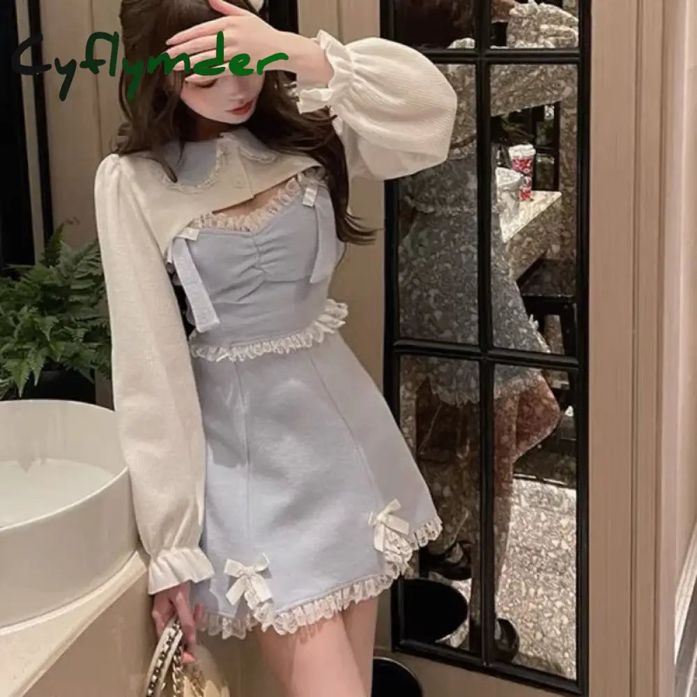 Cyflymder Japanese Sweet Lolita Dress Lace Women Bow Pink Kawaii Party Mini Dresses Female Blue Princess Korean Fashion