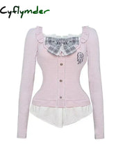 Cyflymder Japanese Sweet Preppy Style Skirt Set Women Kawaii Lace Patchwork Bow Tops + Y2k Plaid Mini Skirt Elegant