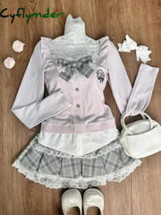 Cyflymder Japanese Sweet Preppy Style Skirt Set Women Kawaii Lace Patchwork Bow Tops + Y2k Plaid Mini Skirt Elegant