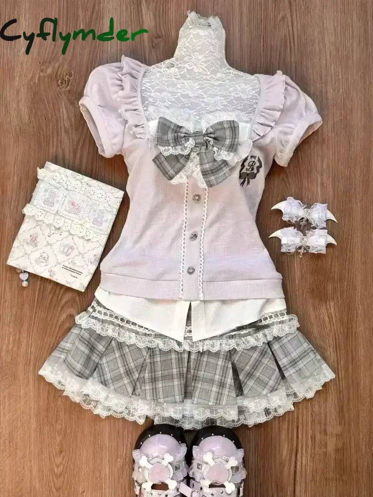 Cyflymder Japanese Sweet Preppy Style Skirt Set Women Kawaii Lace Patchwork Bow Tops + Y2k Plaid Mini Skirt Elegant