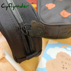 Cyflymder Kawaii Bear Embroidery Canvas Pencil Bag Pen Case Kids Gift Cosmetic Stationery Big