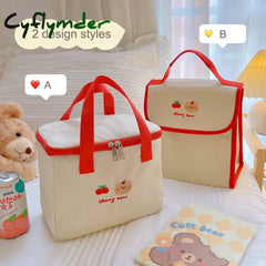 Cyflymder Kawaii Bear Lunch Bags For Women Kids Girl Cute Korean Canvas Insulated Portable Picnic